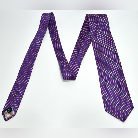 Ted Baker Tie London Purple Wavy Multi Colored Dots 100% Silk Hand Tailored - Picture 3 of 8